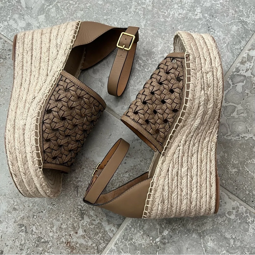 Tory Burch Basketweave Espadrille Ankle Strap Wedges Leather, NWT, Size 10